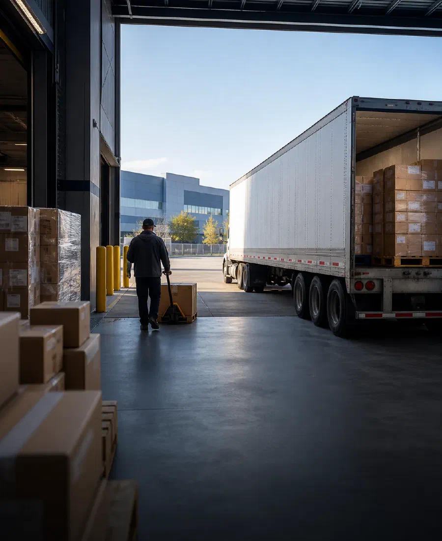 Parcel and pallet freight moving through an outbound shipping dock