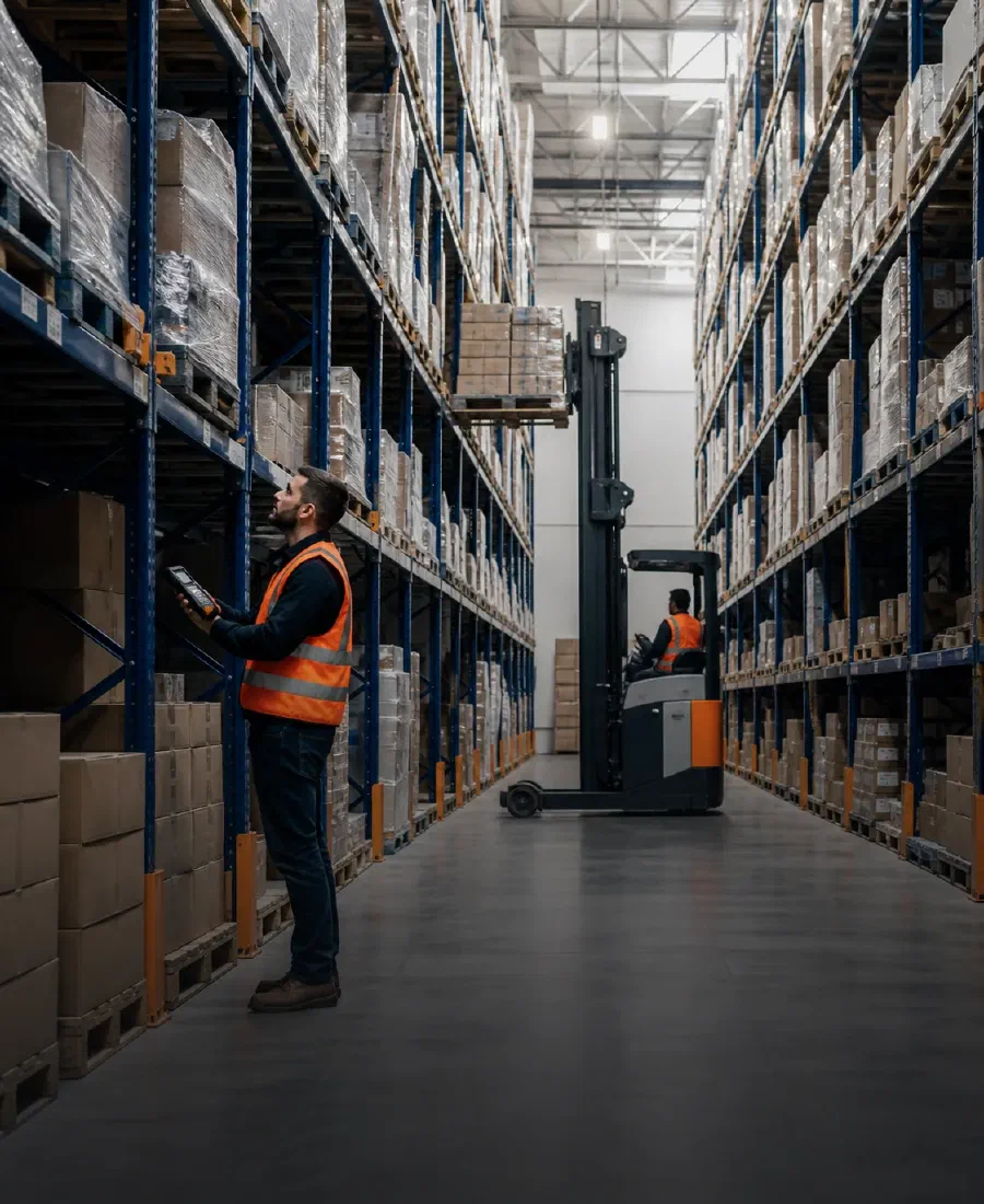 Organized pallet storage and inventory control in a high-bay warehouse