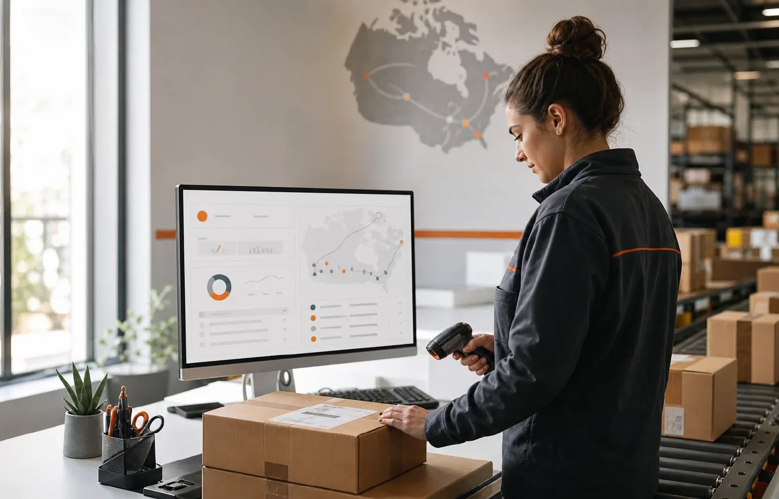 A shipping specialist scanning a parcel beside a connected shipping operations dashboard
