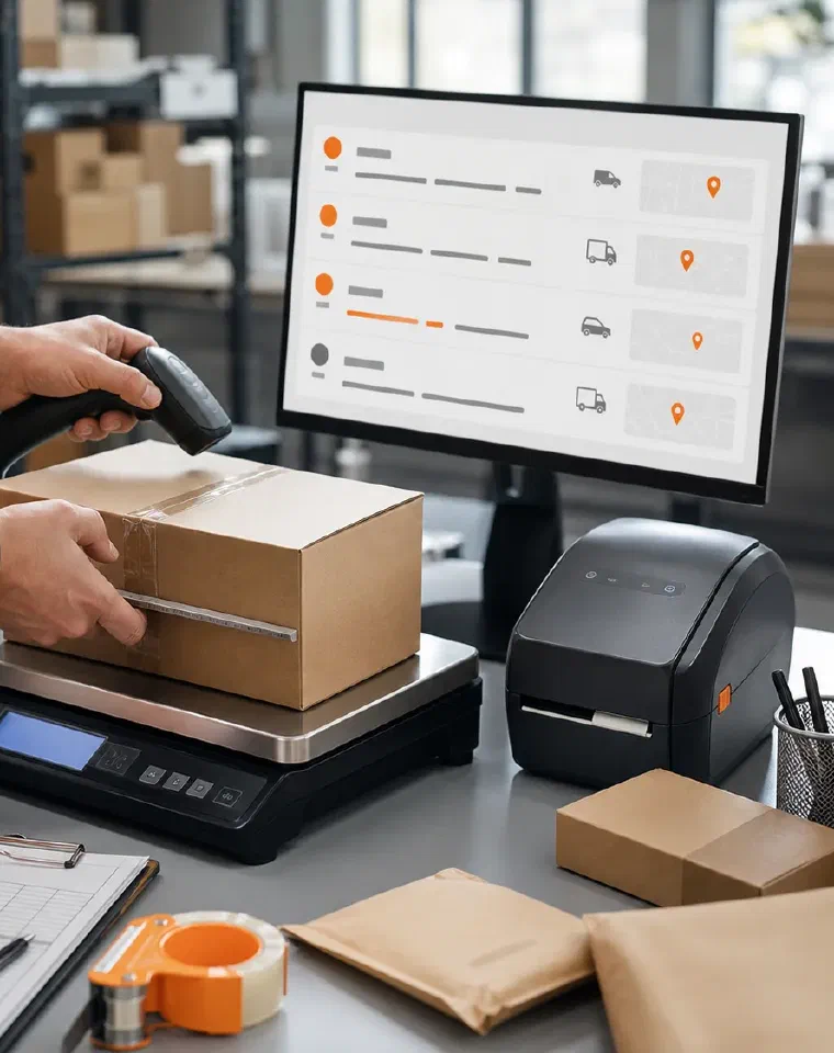 A shipping specialist measuring and scanning a parcel beside a shipping dashboard
