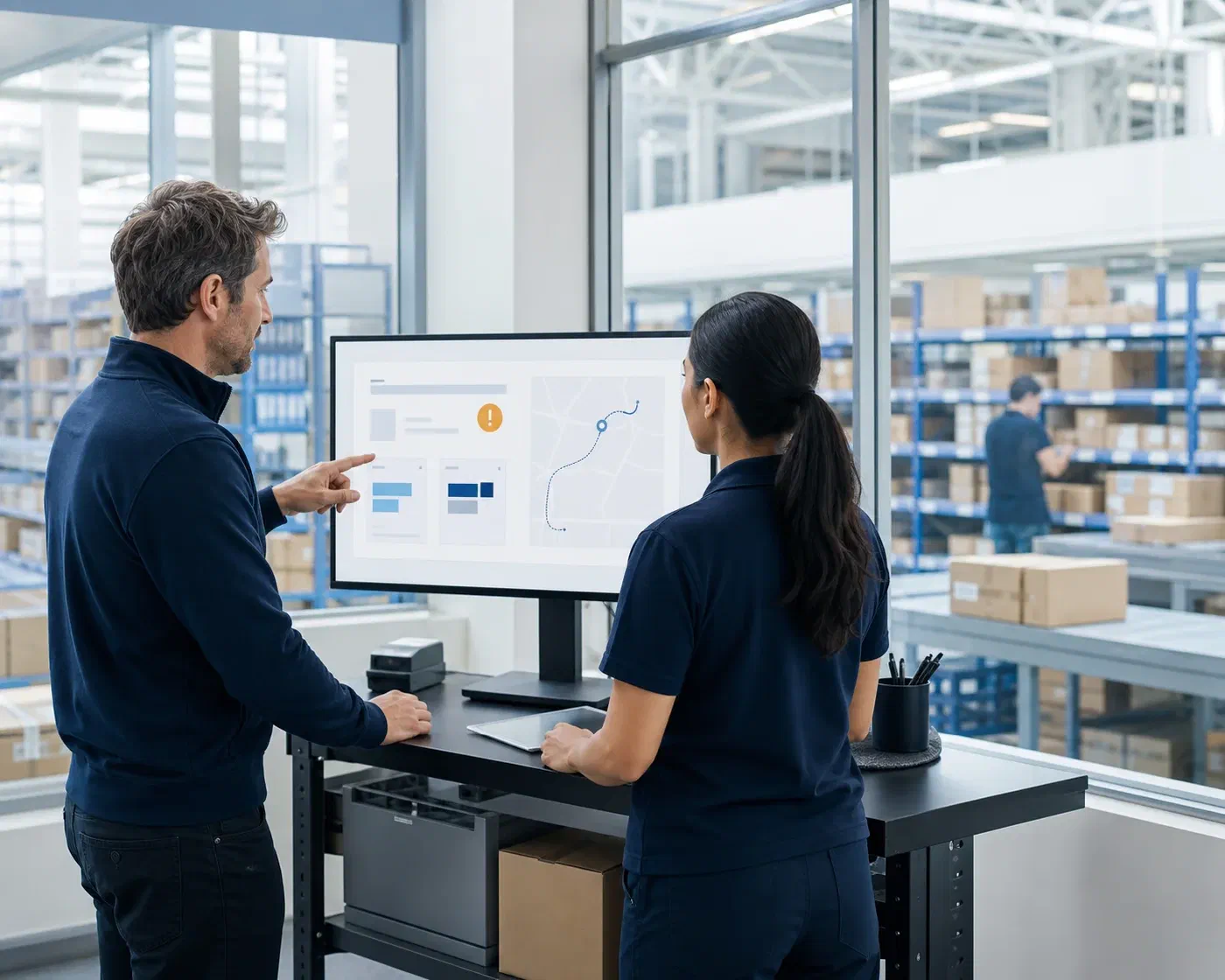 An operations team reviewing a Shopify fulfillment exception beside the active warehouse