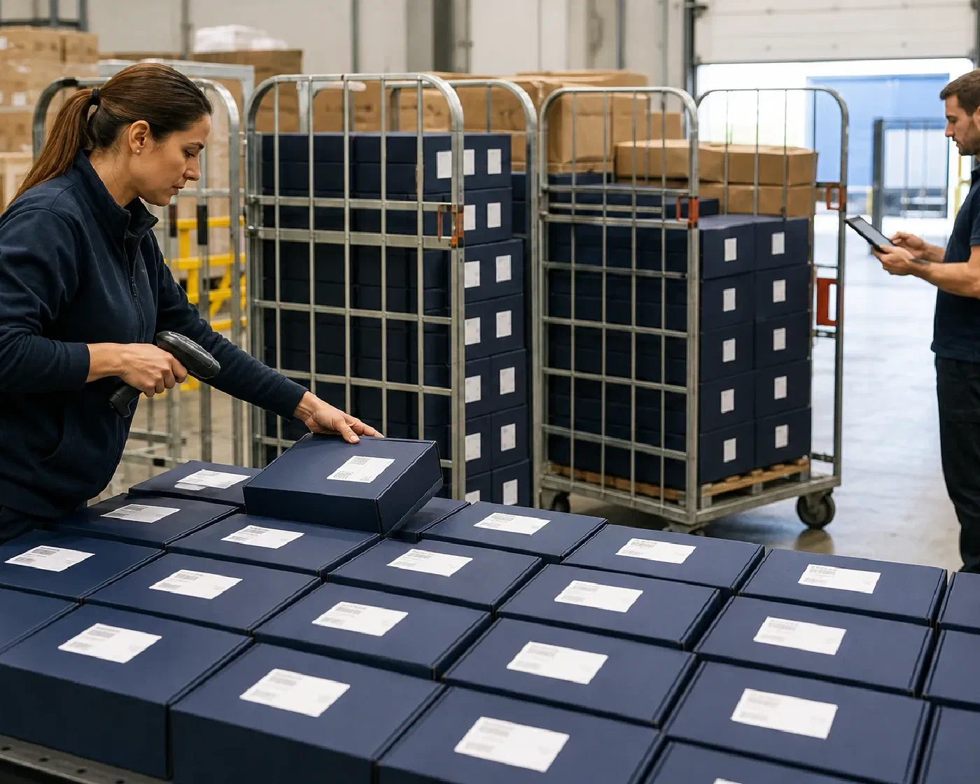 A completed wave of subscription boxes being scanned into outbound parcel cages
