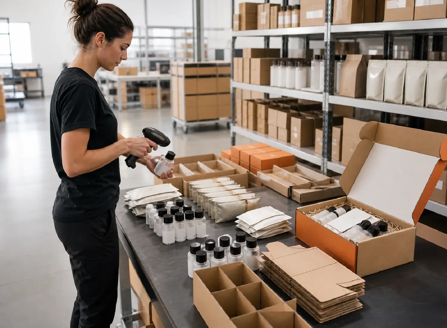 A fulfillment specialist preparing product variants for shipment in a warehouse