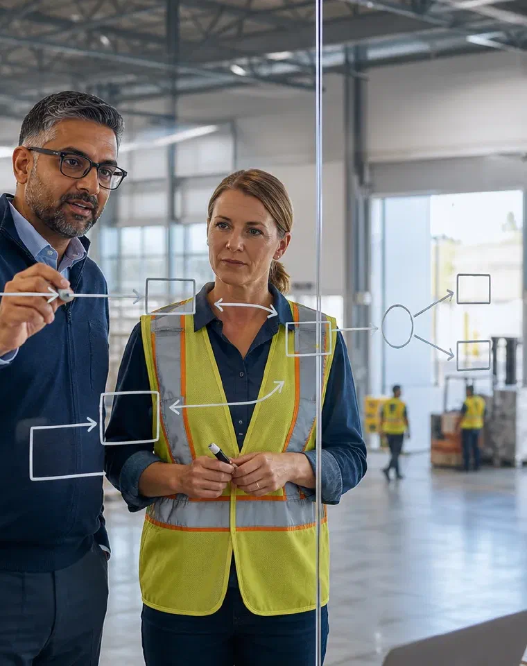 Two logistics professionals mapping a workflow on a glass board