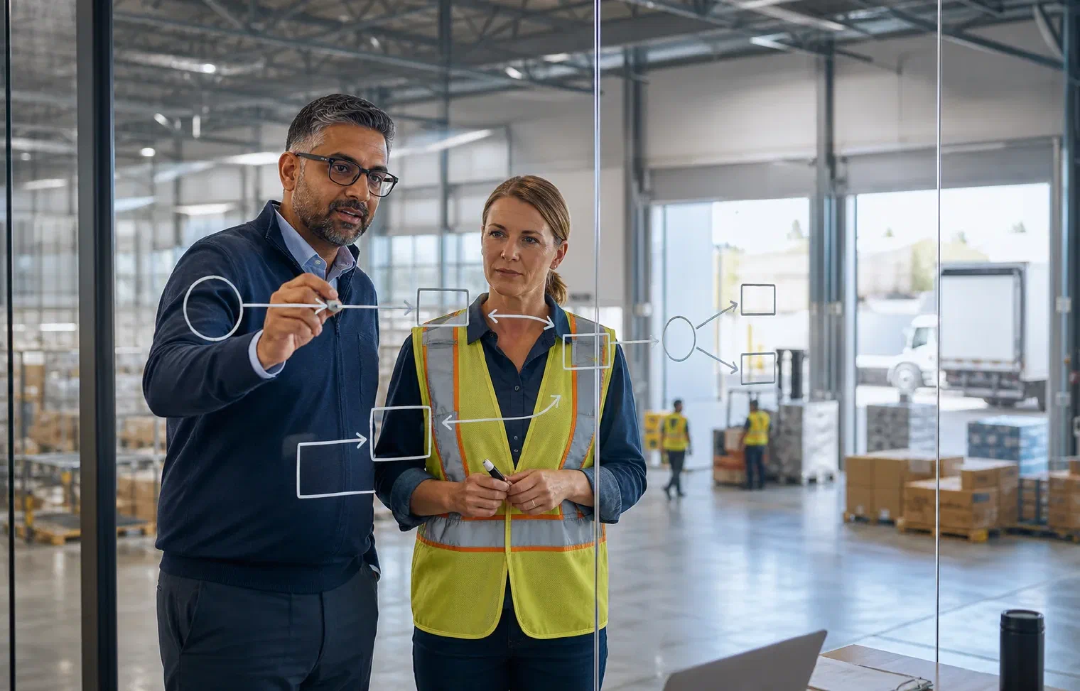 A technology specialist and warehouse leader mapping connected logistics systems