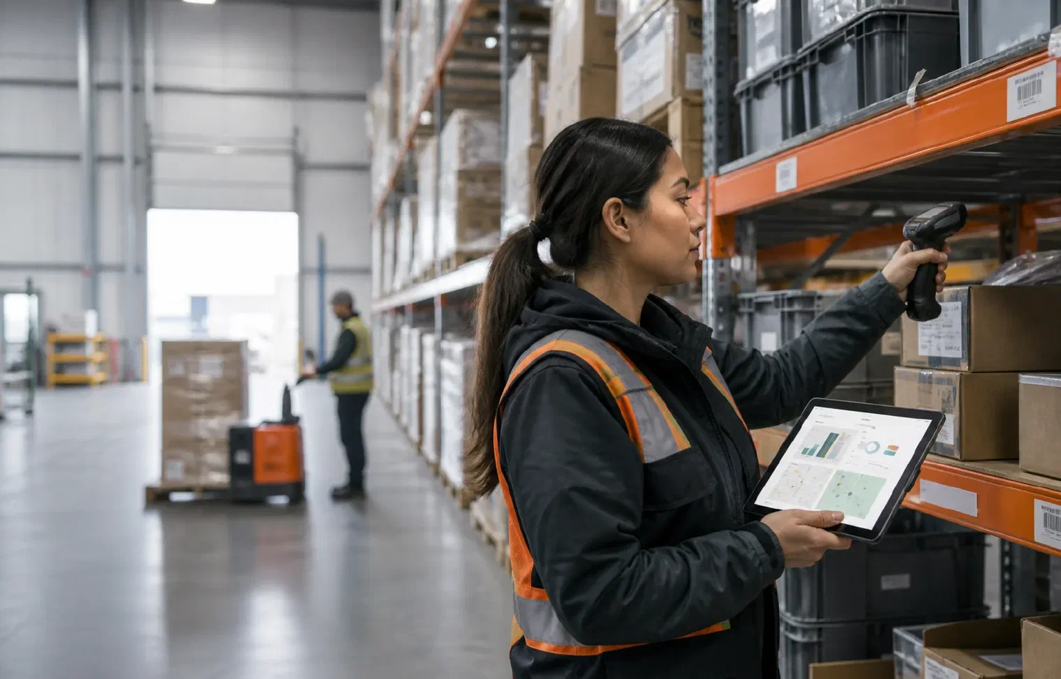 An inventory specialist scanning warehouse stock while reviewing inventory information on a tablet