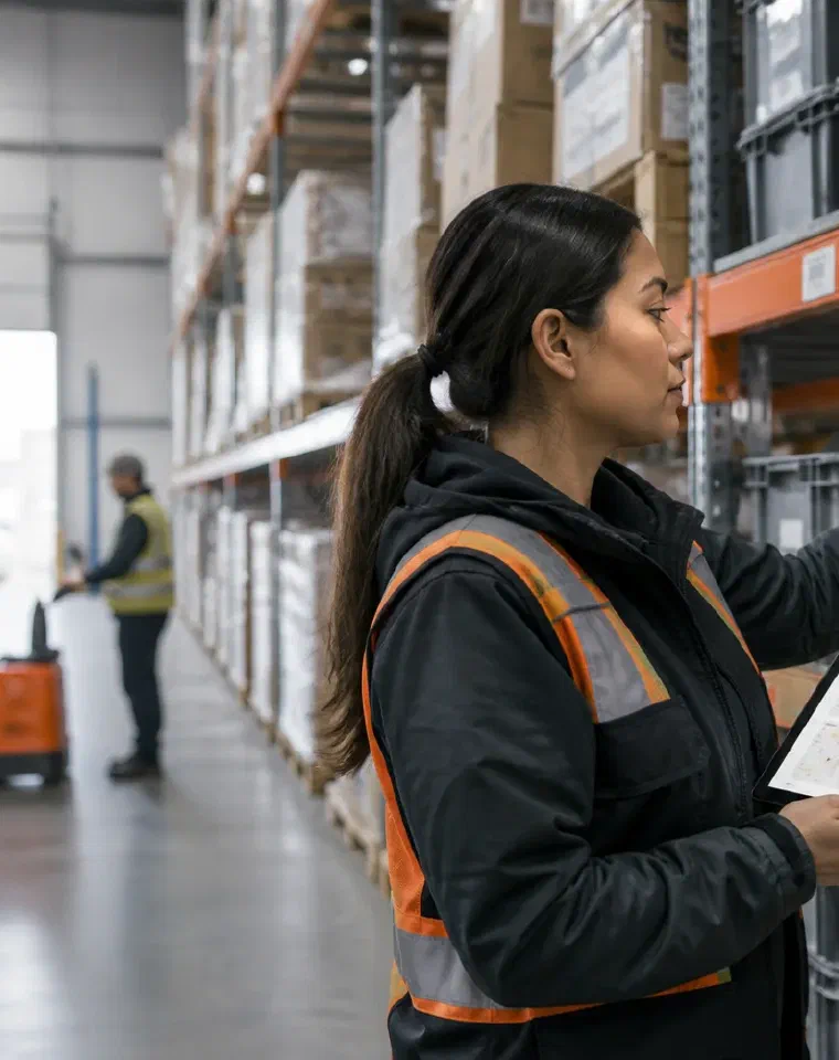 A warehouse associate scanning shelf inventory while holding a tablet