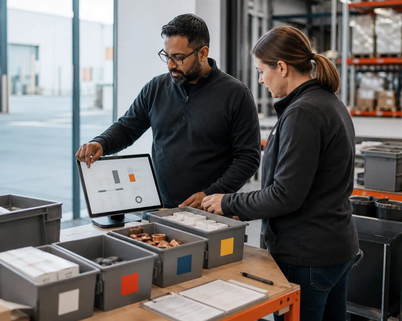 Two inventory specialists reviewing a stock discrepancy at a warehouse reconciliation station