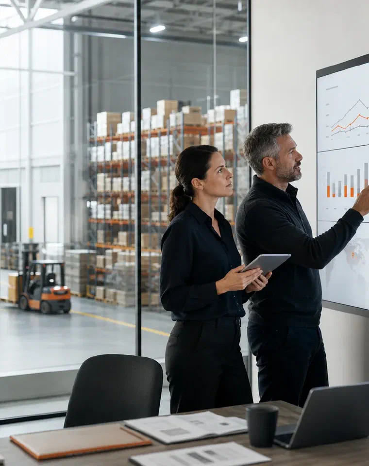 Two logistics professionals reviewing charts on a wall display