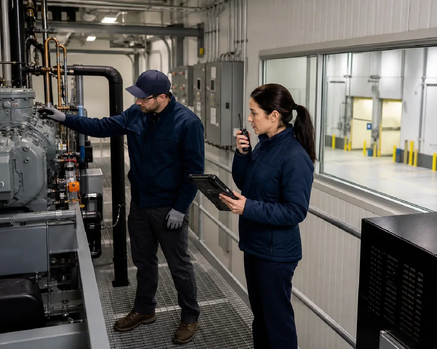 A technician and operations coordinator checking temperature-control equipment and response information